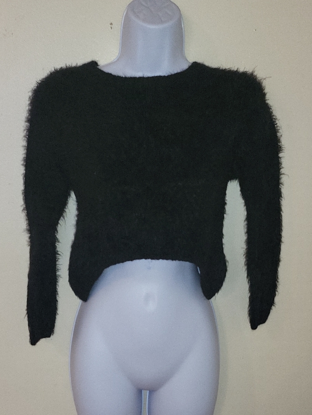 Black Fuzzy Zip-Front Cropped Top